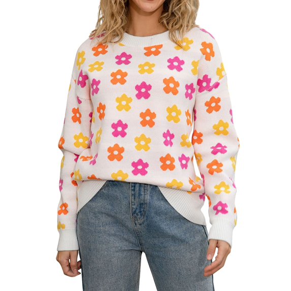 Bovemsi Womens Sweaters Cozy Autumn New Round Neck Knitted Long Sleeve Sweater Women's Print Warm Comfortable Fit Business Casual Sweaters