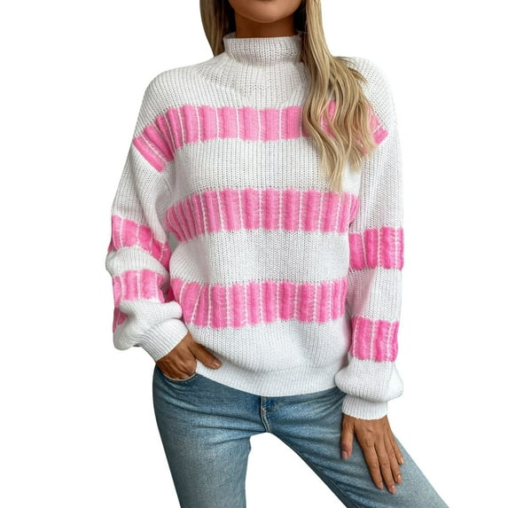 Bovemsi Womens Sweaters Cozy Striped Sweater For Women Long Puff Sleeve Color Block Turtleneck Knit Pullover Business Casual Sweaters