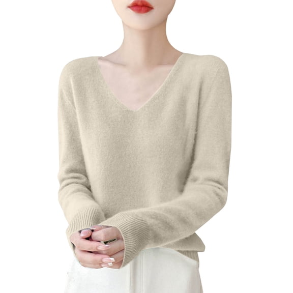 Bovemsi Womens Sweaters Cozy Women's Autumn And Winter New Line Pure Wool V Neck Solid Color Pullover Knitted Base Sweater Business Casual Sweaters