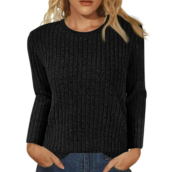 Bovemsi Womens Sweaters Cozy Women's Autumn Solid Color Round Neck Strip Bottom Loose Casual Seven Quarter Sleeve Top Business Casual Sweaters