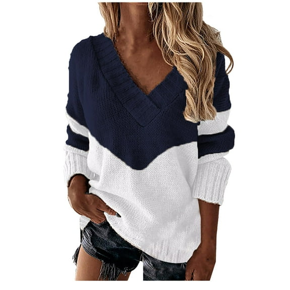 Bovemsi Womens Sweaters Cozy Women's Autumn Winter V Neck Color Blocked Knitted Loose Casual Warm Pullover Sweater Business Casual Sweaters