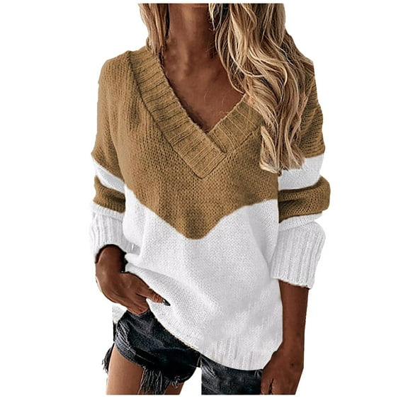 Bovemsi Womens Sweaters Cozy Women's Autumn Winter V Neck Color Blocked Knitted Loose Casual Warm Pullover Sweater Business Casual Sweaters