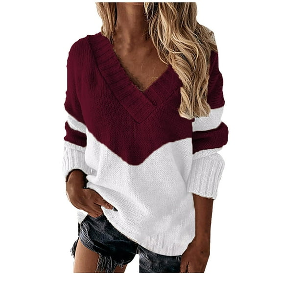 Bovemsi Womens Sweaters Cozy Women's Autumn Winter V Neck Color Blocked Knitted Loose Casual Warm Pullover Sweater Business Casual Sweaters