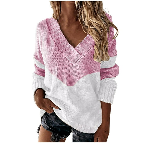 Bovemsi Womens Sweaters Cozy Women's Autumn Winter V Neck Color Blocked Knitted Loose Casual Warm Pullover Sweater Business Casual Sweaters