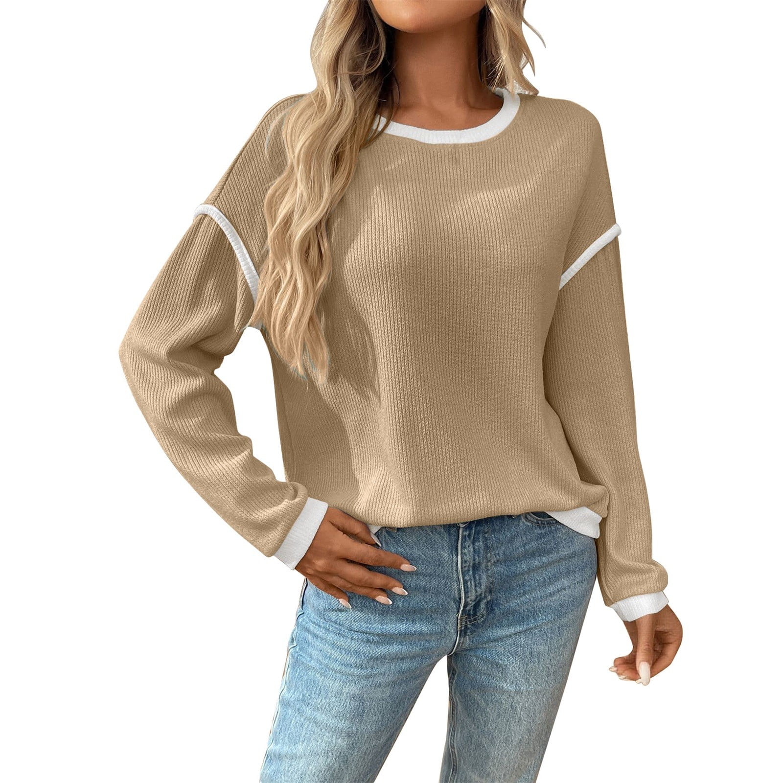 Bovemsi Womens Sweaters Cozy Women's Casual Patchwork Contrast Color ...
