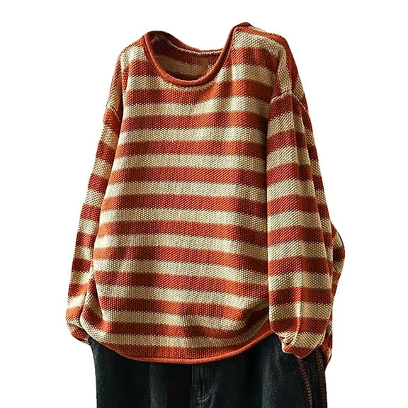 Bovemsi Womens Sweaters Cozy Women's Cotton O Neck Striped Long Sleeve Loose Pullover Tops Business Casual Sweaters