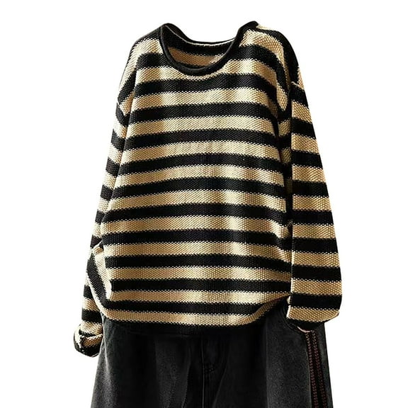 Bovemsi Womens Sweaters Cozy Women's Cotton O Neck Striped Long Sleeve Loose Pullover Tops Business Casual Sweaters