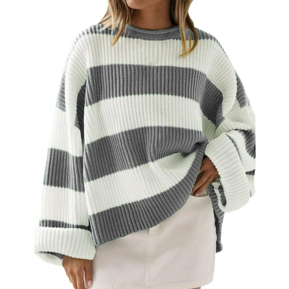 Bovemsi Womens Sweaters Cozy Women's Crew Neck Long Sleeved Striped Sweater With Flared Sleeves Business Casual Sweaters