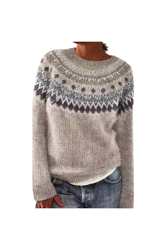 Womens Sweaters Cozy Women's Knitted Print Retro Sweater Casual Crewneck Long Sleeve Lightweight Cropped Pullover Business Casual Sweaters