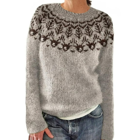 Bovemsi Womens Sweaters Cozy Women's Knitted Print Retro Sweater Casual Crewneck Long Sleeve Lightweight Cropped Pullover Business Casual Sweaters