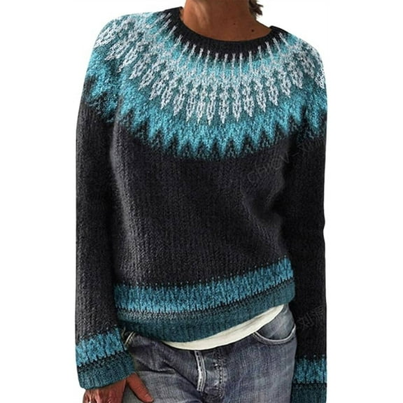 Bovemsi Womens Sweaters Cozy Women's Knitted Print Retro Sweater Casual Crewneck Long Sleeve Lightweight Cropped Pullover Business Casual Sweaters