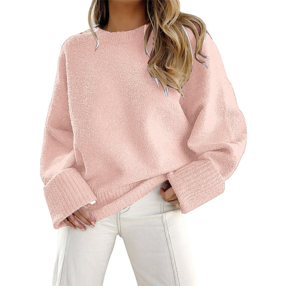 Bovemsi Womens Sweaters Cozy Women's Round Neck Long Sleeve Solid Color Pullover Sweater Fashion Loose Top Business Casual Sweaters