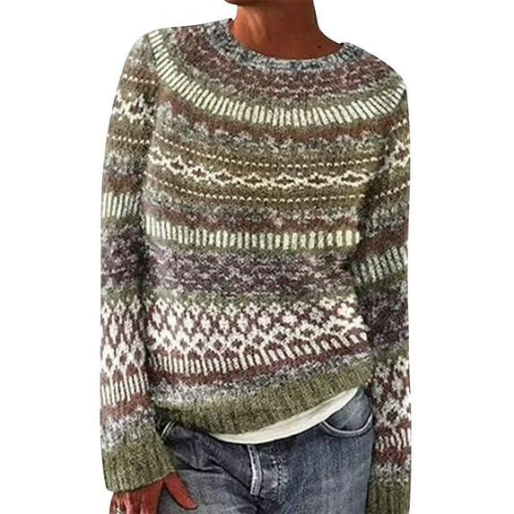 Bovemsi Womens Sweaters Cozy Women's Vintage Art Print Knit Crew Neck Pullover Sweater Business Casual Sweaters