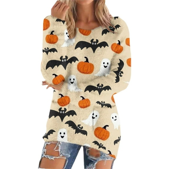 Bovemsi Womens Sweaters Ladies' Fashionable Casual Printed Pullover With Pockets Plush Capless Sweater Halloween Sweater