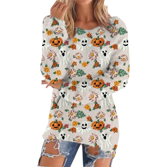 Bovemsi Womens Sweaters Ladies' Fashionable Casual Printed Pullover With Pockets Plush Capless Sweater Halloween Sweater