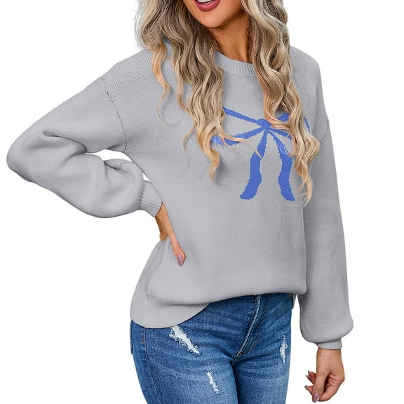 Bovemsi Womens Sweaters Women's Casual Round Neck Bow Sweater Autumn And Winter Knitted Shoulder Down Cute Sweaters