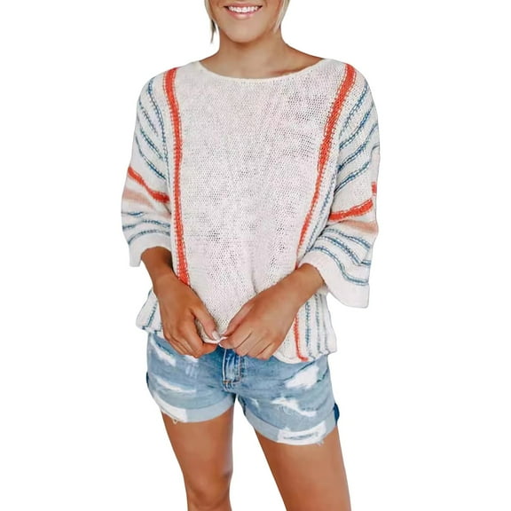 Bovemsi Womens Sweaters Women's Crew Neck Sweater With Flared Sleeves Vertical Striped Color Matching Fall Sweaters