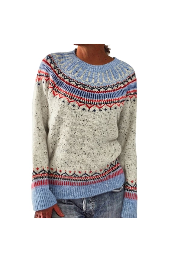 Womens Sweaters Women's Knitted Isle Print Retro Sweater Casual Loose Crewneck Long Sleeve Lightweight Cropped Pullover Tops Fall Sweaters