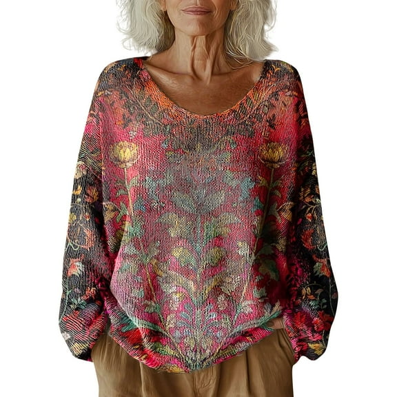 Bovemsi Womens Sweaters Women's Pattern Printed Casual Pullover Sweater Fall Sweaters