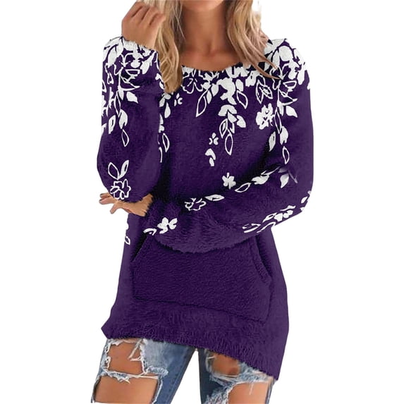 Bovemsi Womens Sweatshirts Ladies' Fashionable Casual Printed Pullover With Pockets Plush Capless Sweater Graphic Sweatshirts