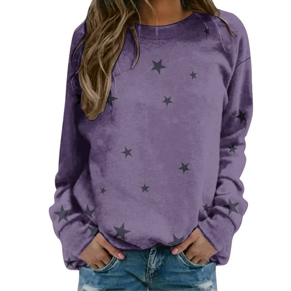Bovemsi Womens Sweatshirts Ladies' Star Printed Round Neck Casual Long Sleeved Sportswear Top Fall Fashion Outfits 2025 Clothes