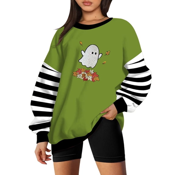 Bovemsi Womens Sweatshirts Striped Sleeve Green Base Halloween Print Round Neck Spooky Season Sweatshirt