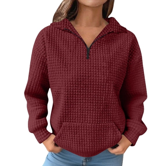 Bovemsi Womens Sweatshirts Women'S Autumn And Winter Solid Color Long Sleeved Lapel Half Zip Pocket Fall Fashion Outfits 2025 Clothes