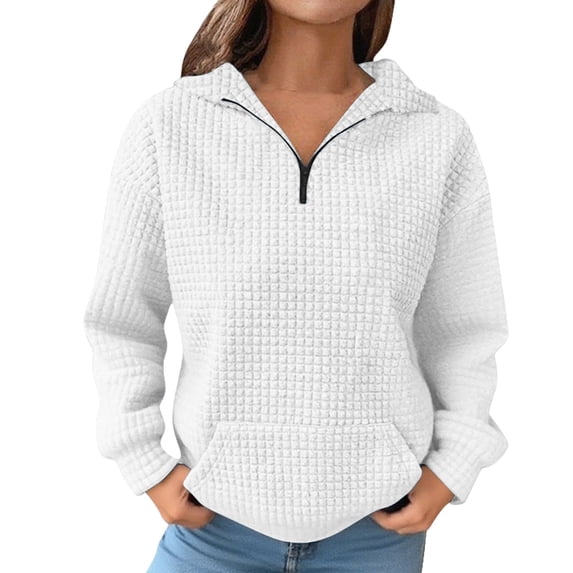 Bovemsi Womens Sweatshirts Women'S Autumn And Winter Solid Color Long Sleeved Lapel Half Zip Pocket Fall Fashion Outfits 2025 Clothes