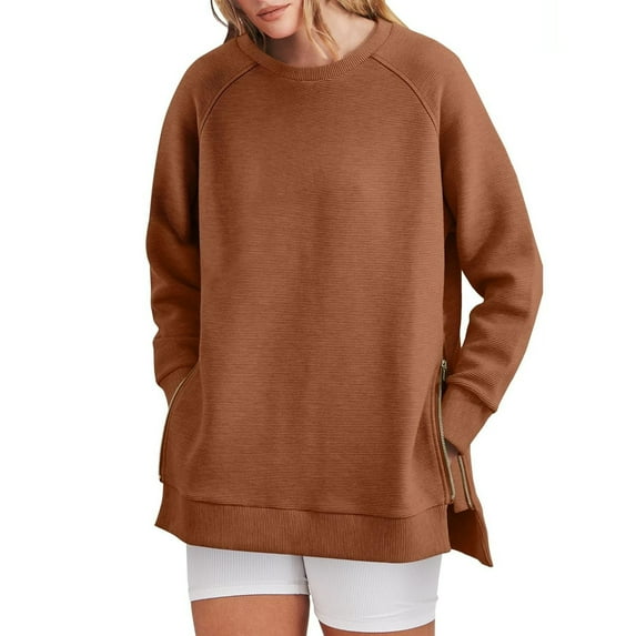 Bovemsi Womens Sweatshirts Women's Oversized Crewneck Long Sleeve Pullover Shirts Side Zipper 2025 Fall Clothes Winter Fashion Clothes