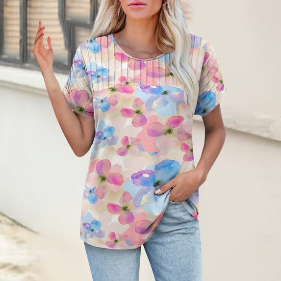 Bovemsi Womens T Shirts Casual Summer Tops Pleated Crewneck Short Sleeve Blouses Trendy Beach Vacation Clothes, Blue Women's Summer Short Sleeve T-Shirts, XL