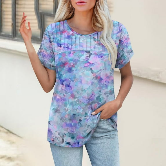 Bovemsi Womens T Shirts Casual Summer Tops Pleated Crewneck Short Sleeve Blouses Trendy Beach Vacation Clothes, Blue Women's Summer Short Sleeve T-Shirts, XL