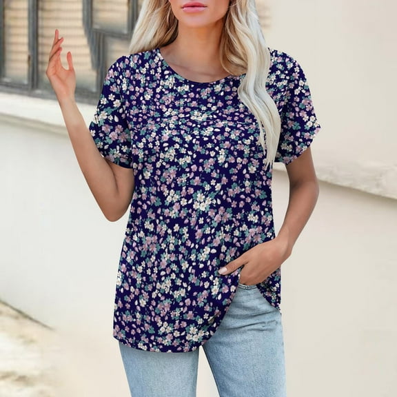 Bovemsi Womens T Shirts Casual Summer Tops Pleated Crewneck Short Sleeve Blouses Trendy Beach Vacation Clothes, Blue Women's Summer Short Sleeve T-Shirts, XL