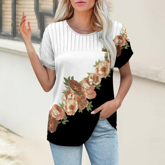 Bovemsi Womens T Shirts Casual Summer Tops Pleated Crewneck Short Sleeve Blouses Trendy Beach Vacation Clothes, Blue Women's Summer Short Sleeve T-Shirts, XXL