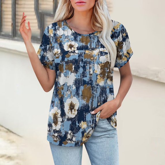 Bovemsi Womens T Shirts Casual Summer Tops Pleated Crewneck Short Sleeve Blouses Trendy Beach Vacation Clothes, Gold Women's Summer Short Sleeve T-Shirts, XXL