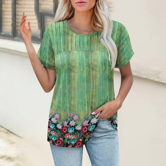 Bovemsi Womens T Shirts Casual Summer Tops Pleated Crewneck Short Sleeve Blouses Trendy Beach Vacation Clothes, Gray Women's Summer Short Sleeve T-Shirts, M