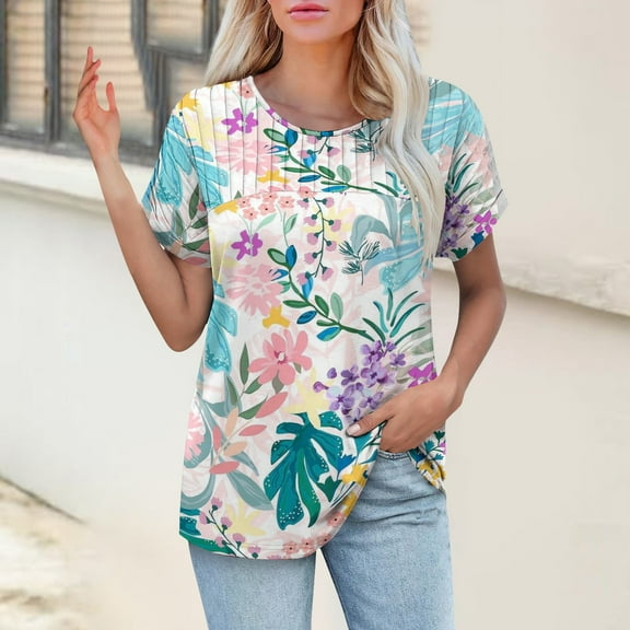 Bovemsi Womens T Shirts Casual Summer Tops Pleated Crewneck Short Sleeve Blouses Trendy Beach Vacation Clothes, Pink Women's Summer Short Sleeve T-Shirts, XL