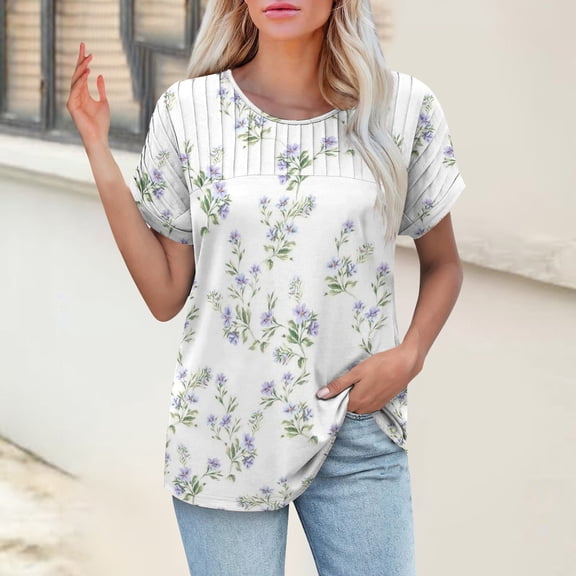 Bovemsi Womens T Shirts Casual Summer Tops Pleated Crewneck Short Sleeve Blouses Trendy Beach Vacation Clothes, Pink Women's Summer Short Sleeve T-Shirts, L