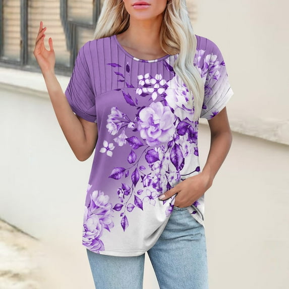 Bovemsi Womens T Shirts Casual Summer Tops Pleated Crewneck Short Sleeve Blouses Trendy Beach Vacation Clothes, Purple Women's Summer Short Sleeve T-Shirts, XXL