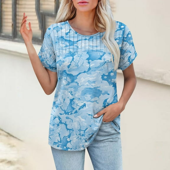 Bovemsi Womens T Shirts Casual Summer Tops Pleated Crewneck Short Sleeve Blouses Trendy Beach Vacation Clothes, Purple Women's Summer Short Sleeve T-Shirts, XL