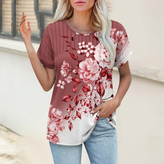 Bovemsi Womens T Shirts Casual Summer Tops Pleated Crewneck Short Sleeve Blouses Trendy Beach Vacation Clothes, Red Women's Summer Short Sleeve T-Shirts, XXL
