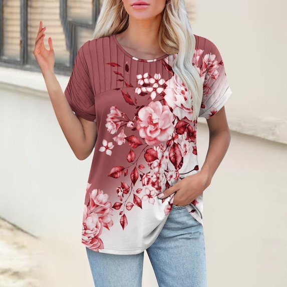 Bovemsi Womens T Shirts Casual Summer Tops Pleated Crewneck Short Sleeve Blouses Trendy Beach Vacation Clothes, Red Women's Summer Short Sleeve T-Shirts, M