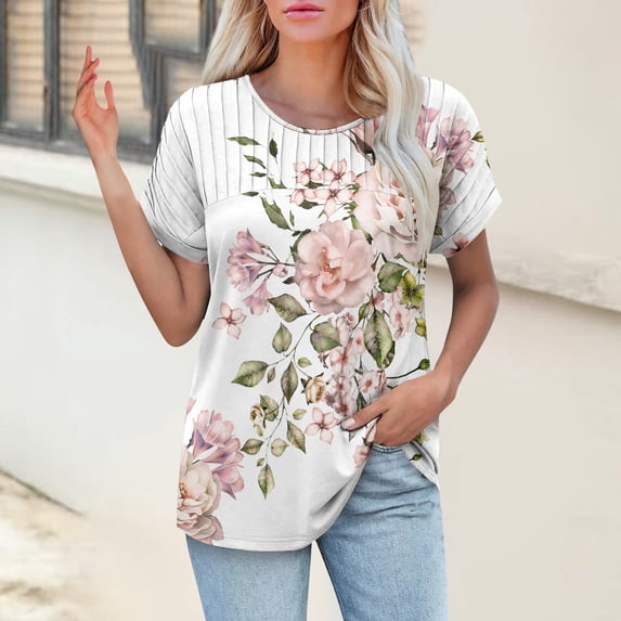 Bovemsi Womens T Shirts Casual Summer Tops Pleated Crewneck Short Sleeve Blouses Trendy Beach Vacation Clothes, White Women's Summer Short Sleeve T-Shirts, XXL