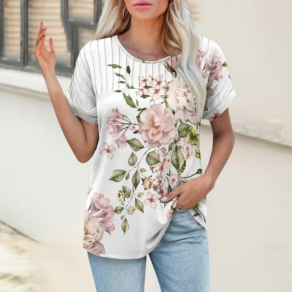 Bovemsi Womens T Shirts Casual Summer Tops Pleated Crewneck Short Sleeve Blouses Trendy Beach Vacation Clothes, White Women's Summer Short Sleeve T-Shirts, XXL