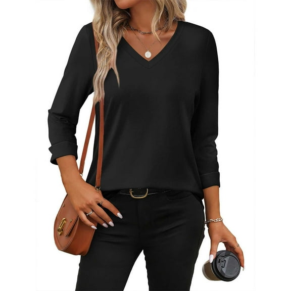 Bovemsi Womens Tops 3/4 Length Sleeve V Neck Casual Tunic Tops Basic Shirts Loose Fit Blouse, Black Women's Summer Short Sleeve T-Shirts, XXL