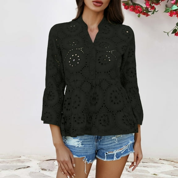 Bovemsi Womens V Neck 3/4 Sleeve Hollow Blouse Shirt Puff Sleeve Tops Casual Trendy Blouse T Shirt, Black Summer Women's Long Sleeve T-Shirts, M