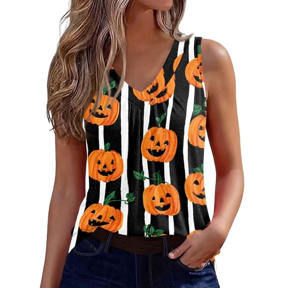 Bovemsi Workout Tank Tops Woman V Neck Pumpkin Graphic Sleeveless, Halloween Layering Comfort Tops for Women Trendy L