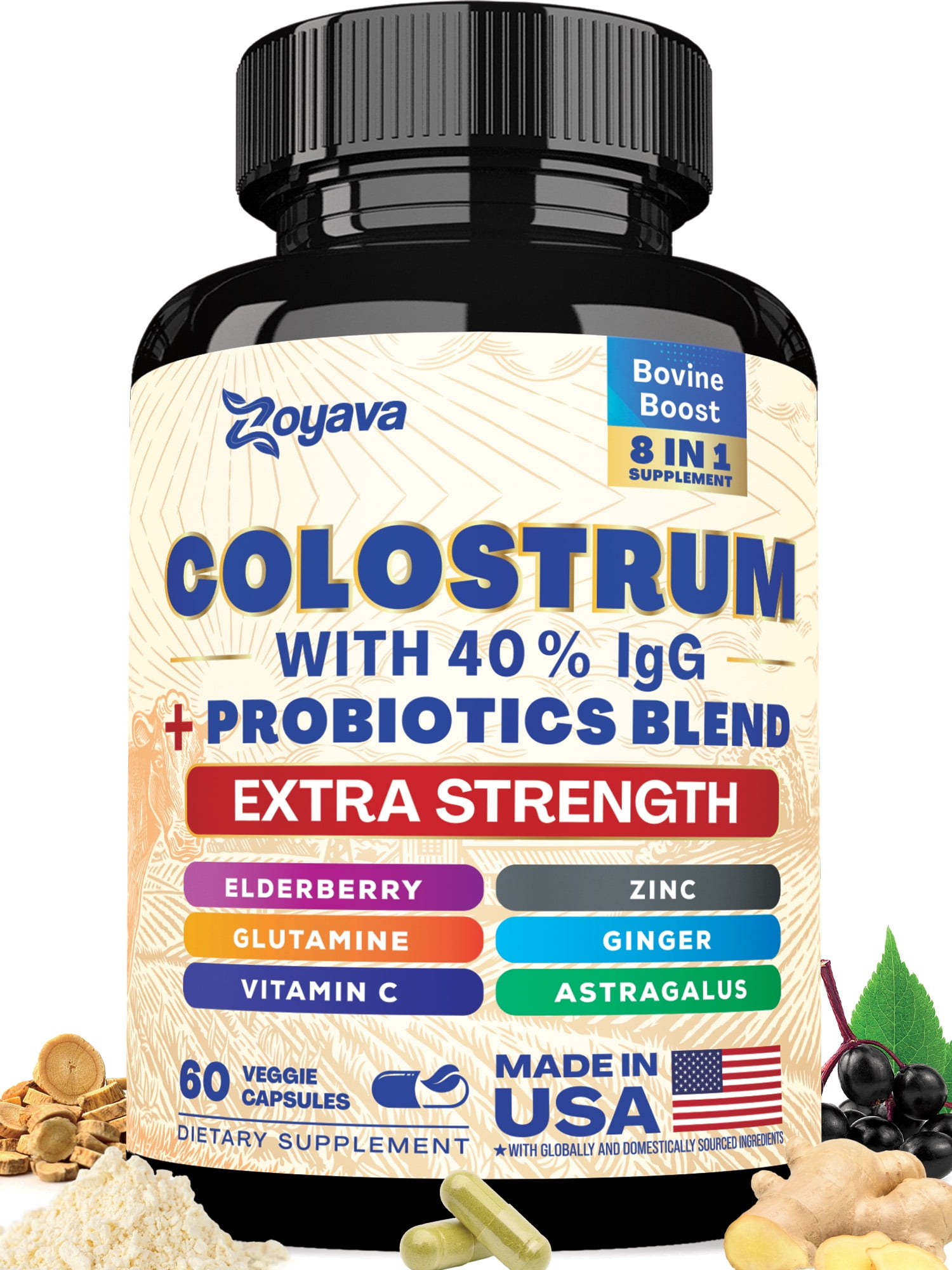 Bovine Colostrum Supplement Capsules 5250 MG, Grass Fed Cow Colostrum with 40% IgG 500MG, Probiotics 50MG, Elderberry 2000MG, L-Glutamine 200MG, Astragalus 2000MG Vitamin C, Ginger, Zinc
