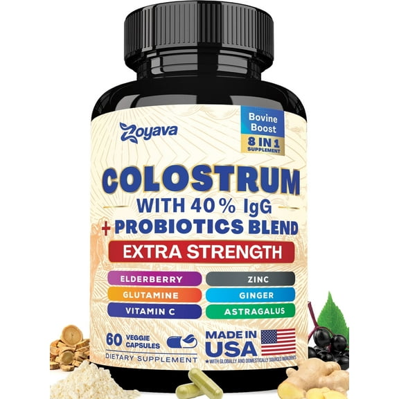 Zoyava Bovine Colostrum Supplement Capsules 5250 MG, Grass Fed Cow Colostrum with 40% IgG 500MG, Probiotics 50MG, Elderberry 2000MG, L-Glutamine 200MG, Astragalus 2000MG Vitamin C, Ginger, Zinc