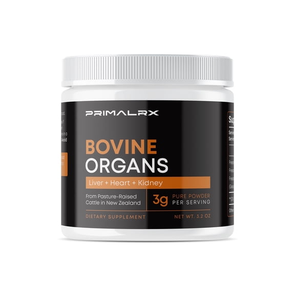 PRIMALRX Bovine Organs: Grassfed Beef Organ Supplement (B12 Vitamins, B Complex Vitamins, Heme Iron Supplements, Vitamin A Supplements, Folate Supplements, Selenium and Zinc Supplements) 90g Powder
