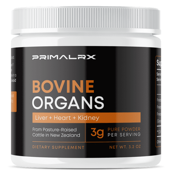 PRIMALRX Bovine Organs: Grassfed Beef Organ Supplement (B12 Vitamins, B Complex Vitamins, Heme Iron Supplements, Vitamin A Supplements, Folate Supplements, Selenium and Zinc Supplements)  90g Powder